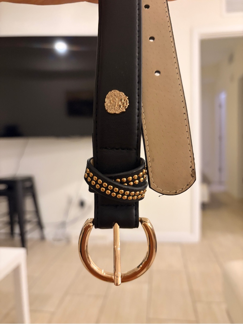 Vince Camuto Black Belt with Gold Studs and Gold Ring Buckle